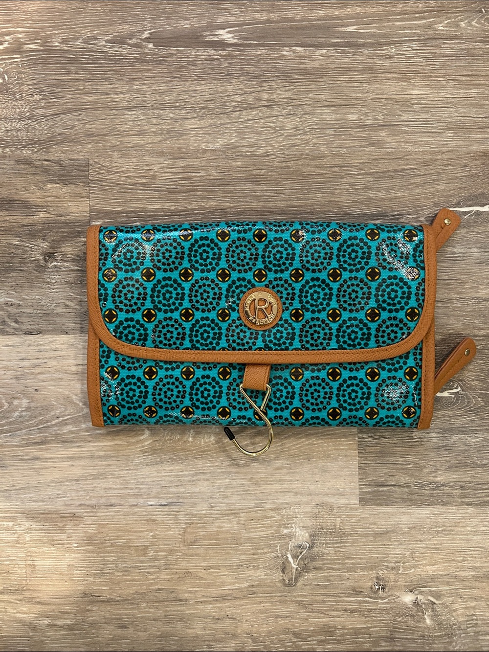 Kenneth Cole Reaction Teal Patterned Foldover Cosmetic Clutch with Tan Trim